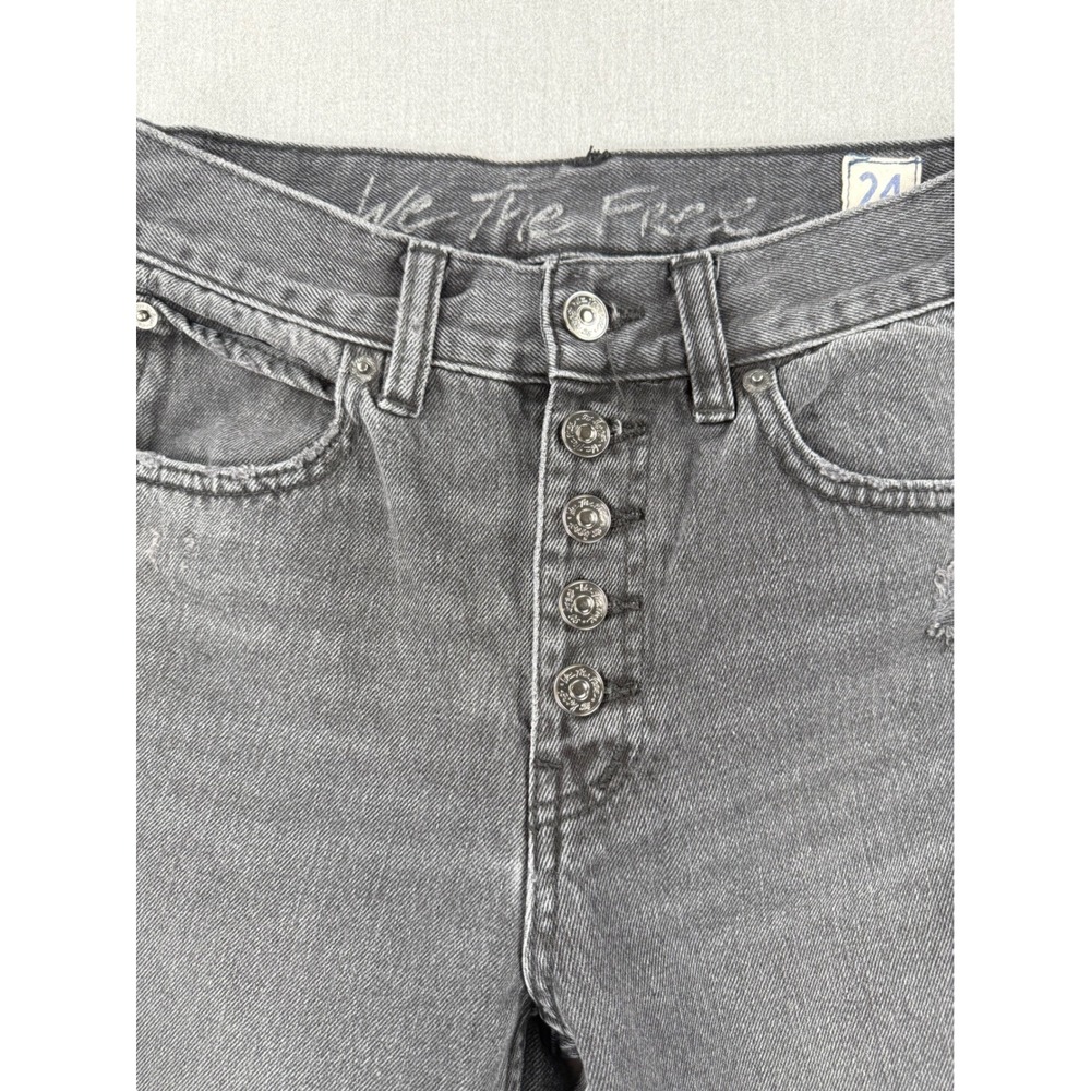 We The Free Free People Washed Black Distressed Button Fly Straight Jeans 24 - Picture 2 of 8